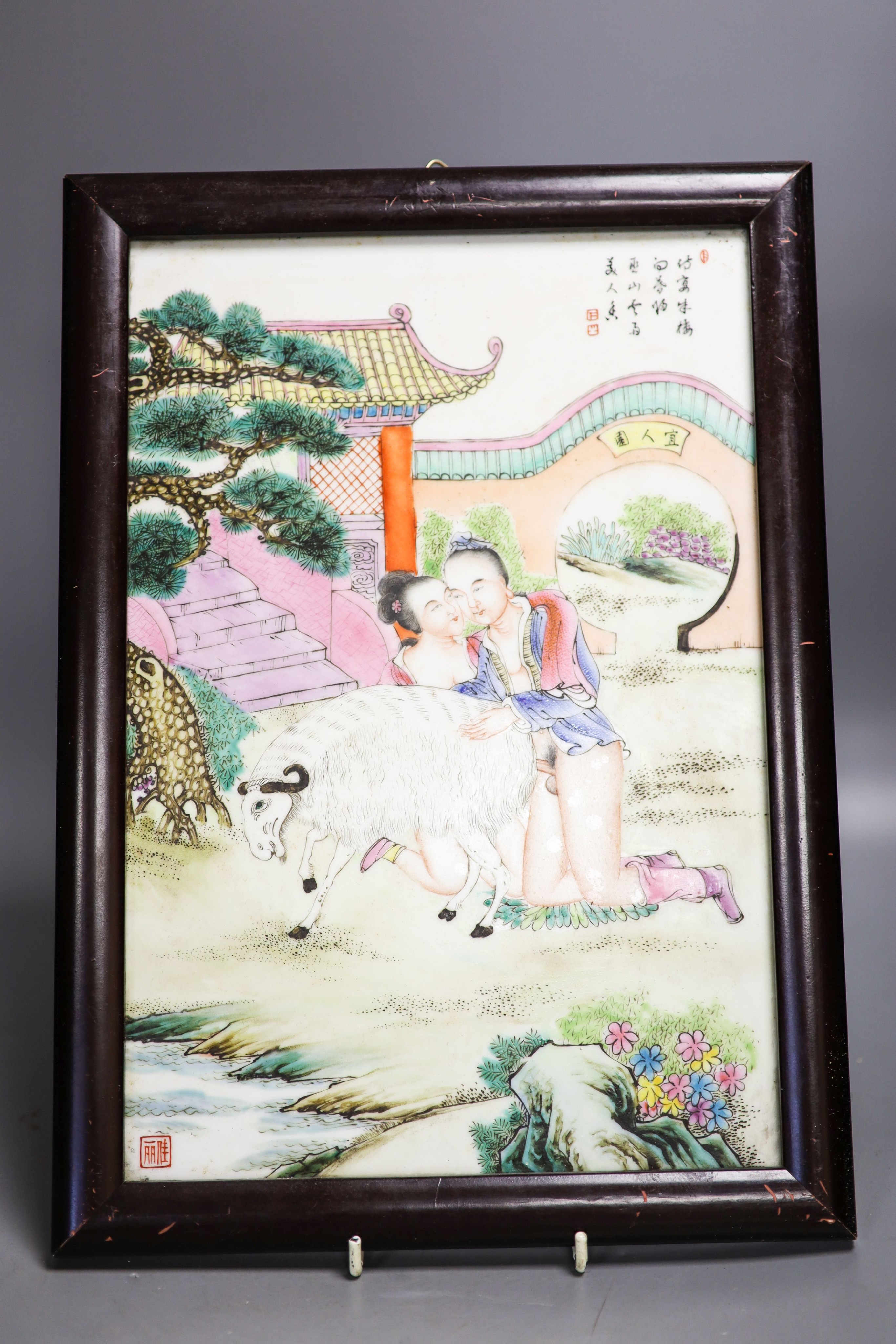 A part set of eleven framed Chinese porcelain plaques, zodiac erotic subjects 36x24cm